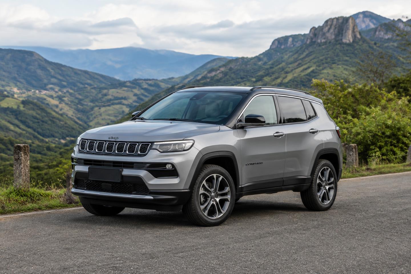 Jeep Compass prateado em uma estrada nas montanhas